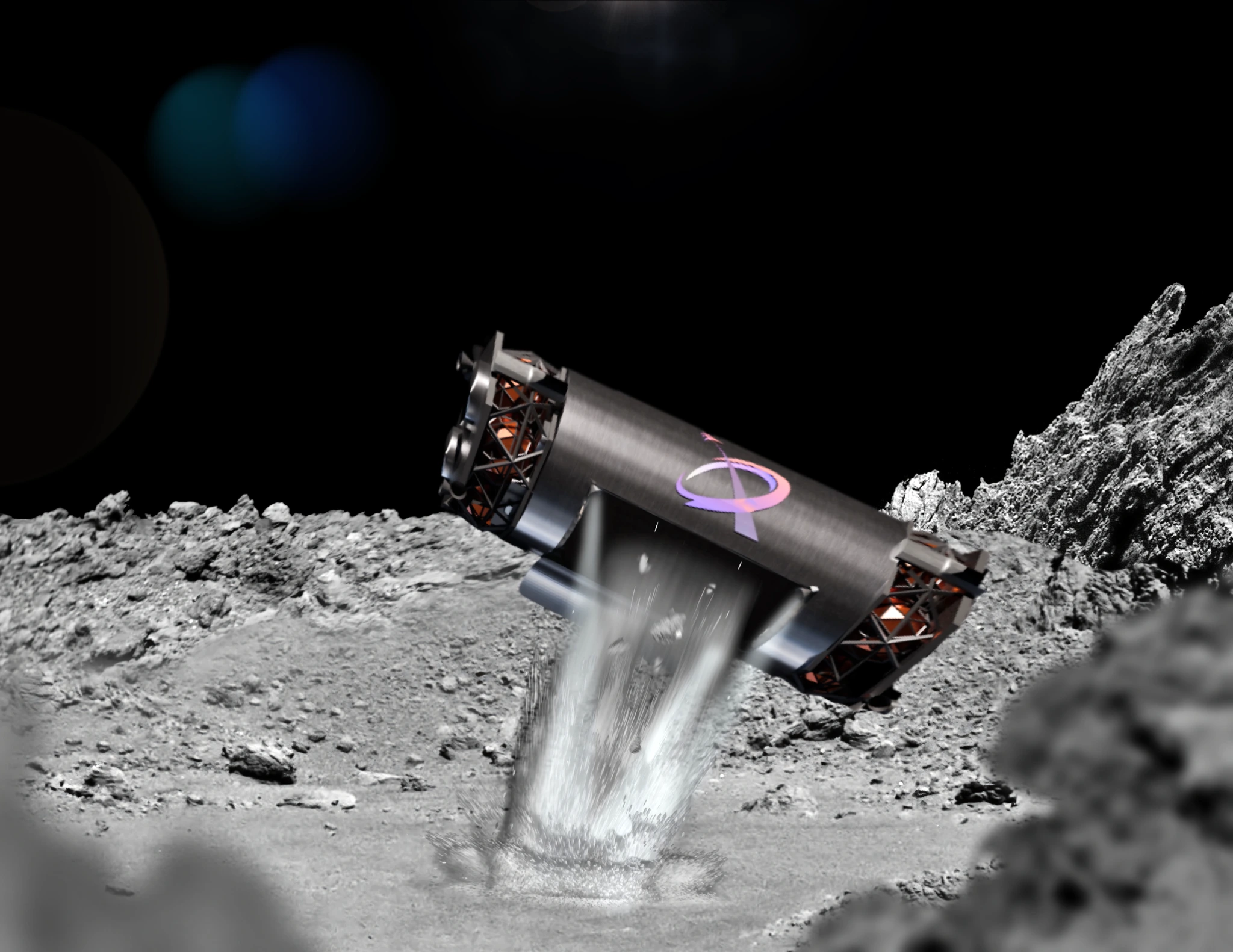 Oroff spacecraft harvesting material from an asteroid